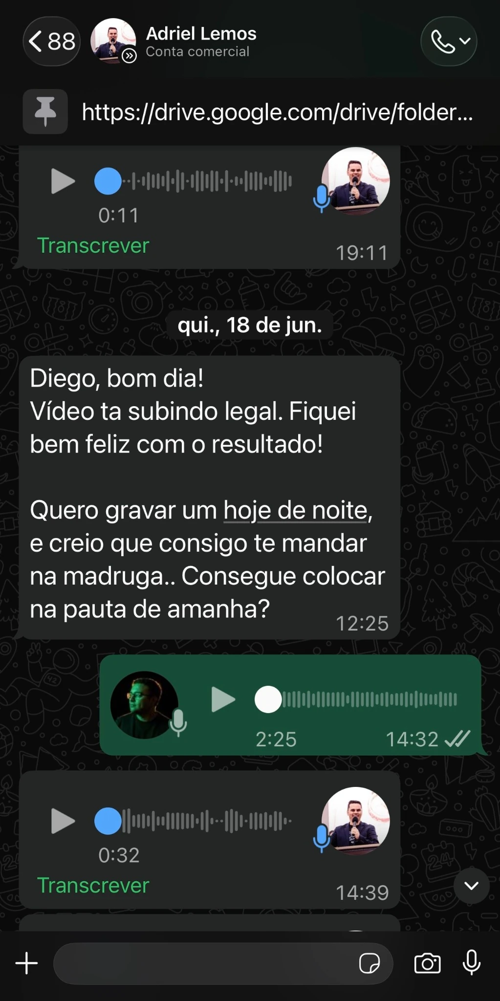 Print de conversa com cliente satisfeito com resultado e desempenho de vídeo